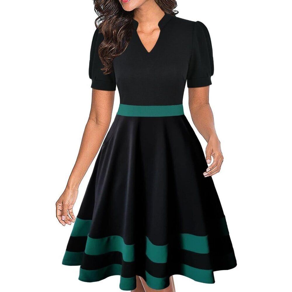 Women Black + GreenShort Puff Sleeve Flare Semi-Formal Summer Dress With Pockets